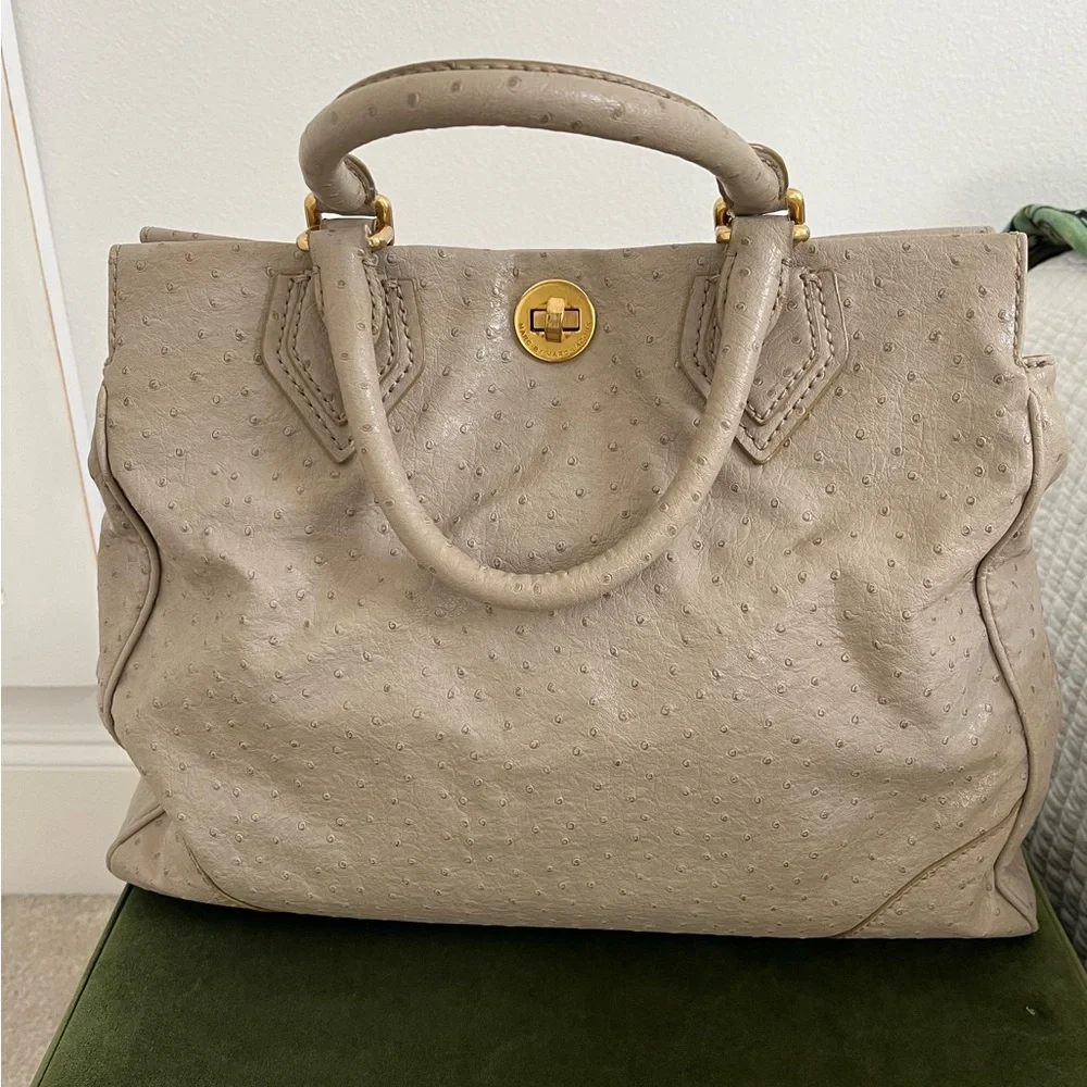 Marc By Marc Jacobs Taupe Ostrich-Embossed Leather Satchel with Gold Hardware
